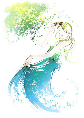 PSD 여자 일러스트 캘리그라피 붓터치 나뭇잎 수채화 한명 미소 사람 상반신 성인 치마 선글라스 나뭇가지 잡기 번짐 국내일러스트 나무 1 안경 잎 모션 하의 표정 파일형식 효과