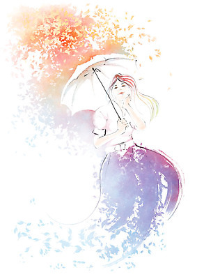 PSD 여자 일러스트 캘리그라피 붓터치 나뭇잎 수채화 한명 미소 들기 사람 상반신 성인 나뭇가지 양산 번짐 국내일러스트 나무 1 잎 모션 표정 파일형식 효과