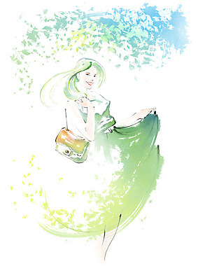 전신 PSD 원피스 여자 일러스트 캘리그라피 붓터치 수채화 한명 미소 사람 성인 핸드백 나뭇가지 번짐 국내일러스트 나무 1 옷 가방 표정 파일형식 효과