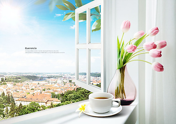 PSD 나무 편집이미지 하늘 지붕 휴식 풍경 사람없음 도시풍경 햇빛 마을 꽃병 공간 튤립 나뭇가지 숲 커피잔 창가 안식처 이미지편집 식물 꽃 커피 컨셉 창문 잔 태양 도시 파일형식