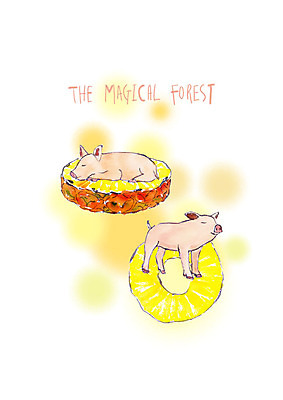 PSD 동물 두마리 과일 일러스트 붓터치 수채화 서기 사람없음 눕기 잠 돼지 파인애플 슬라이스 국내일러스트 2 포유류 모션 열대과일 파일형식