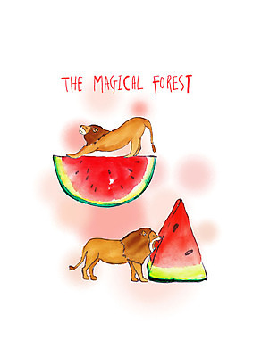 PSD 동물 두마리 과일 일러스트 붓터치 수채화 수박 사람없음 사자 기지개 하품 반쪽수박 수박조각 과채 국내일러스트 조각 2 채소 포유류 모션 생리현상 파일형식