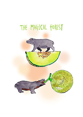 PSD 동물 두마리 과일 일러스트 붓터치 수채화 사람없음 걷기 멜론 먹기 반쪽 하마 국내일러스트 2 포유류 모션 파일형식