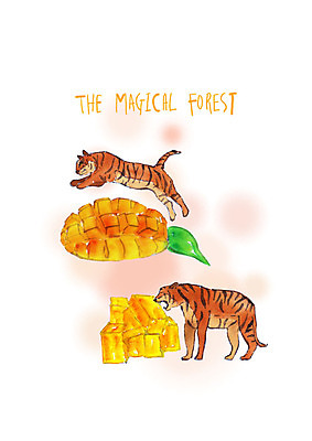 PSD 동물 조각 두마리 과일 일러스트 붓터치 나뭇잎 수채화 사람없음 점프 호랑이 먹기 망고 국내일러스트 잎 2 포유류 모션 열대과일 파일형식