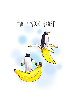 PSD 동물 응시 두마리 과일 일러스트 붓터치 수채화 바나나 사람없음 펭귄 바나나껍질 국내일러스트 시선 2 조류 껍질 파일형식