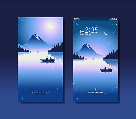 커플 별 호수 여행 백그라운드 일러스트 밤하늘 산 사람모양 사람없음 강 반사 달 야간 숲 유성 나룻배 선박 모바일앱 국내일러스트 AI파일 자연요소 모양 수상교통 배_교통 관계 하늘 파일형식 벡터