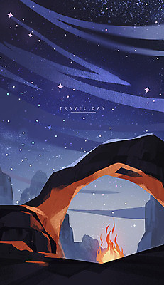 PSD 별 여행 백그라운드 일러스트 밤하늘 사람없음 암석 돌 야간 모닥불 아치 국내일러스트 자연요소 하늘 불 돌_바위 파일형식