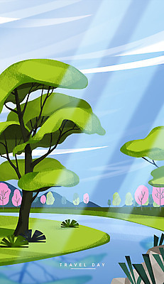 PSD 나무 여행 백그라운드 일러스트 자연 하늘 꽃나무 잔디 초원 사람없음 빛 햇빛 바위 개울 들풀 국내일러스트 식물 꽃 강 태양 돌_바위 생태계 파일형식