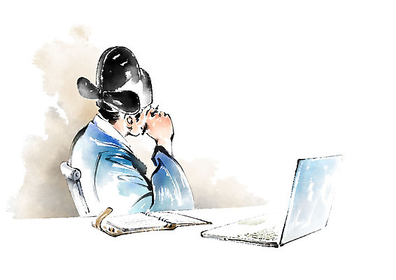 PSD 전통 남자 의자 일러스트 캘리그라피 붓터치 피곤 한명 사람 상반신 성인 노트북 펜 다이어리 한국인 업무 전통의상 한복 번짐 사모관대 인물화 국내일러스트 1 한국전통 가구 컨셉 동양인 전자제품 필기구 사무용품 작업 그림 파일형식 효과