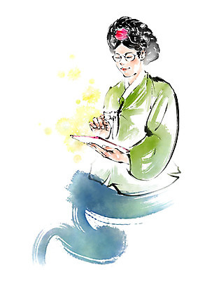 PSD 전통 응시 여자 일러스트 캘리그라피 붓터치 한명 미소 사람 상반신 성인 태블릿 한국인 전통의상 한복 올림머리 번짐 당의 상궁 인물화 안경낌 헤어액세사리 국내일러스트 1 한국전통 헤어스타일 시선 안경 장신구 표정 동양인 장식 전자제품 스마트기기 그림 예복 파일형식 효과