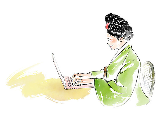 PSD 전통 응시 여자 일러스트 캘리그라피 붓터치 한명 미소 사람 앉기 상반신 성인 노트북 한국인 타이핑 업무 전통의상 한복 올림머리 번짐 인물화 국내일러스트 1 한국전통 헤어스타일 시선 모션 표정 동양인 전자제품 작업 그림 파일형식 효과