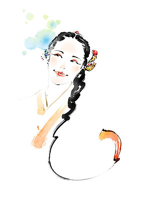 PSD 전통 여자 일러스트 캘리그라피 붓터치 한명 미소 사람 상반신 성인 한국인 전통의상 한복 번짐 댕기머리 인물화 헤어액세사리 국내일러스트 1 한국전통 헤어스타일 장신구 표정 동양인 장식 그림 파일형식 효과