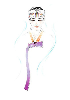 PSD 전통 여자 일러스트 캘리그라피 붓터치 한명 미소 사람 상반신 성인 한국인 한복 번짐 조바위 옷고름 인물화 국내일러스트 1 한국전통 전통소품 표정 동양인 전통의상 그림 파일형식 효과