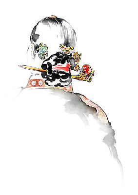 PSD 여자 일러스트 캘리그라피 붓터치 한명 사람 상반신 성인 한국인 한복 번짐 비녀 쪽머리 인물화 헤어액세사리 국내일러스트 1 한국전통 헤어스타일 장신구 전통소품 동양인 장식 전통의상 그림 파일형식 효과