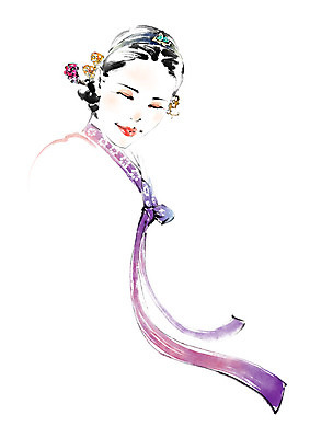 PSD 전통 여자 일러스트 캘리그라피 붓터치 한명 사람 상반신 성인 한국인 머리띠 한복 번짐 비녀 인물화 헤어액세사리 국내일러스트 1 한국전통 장신구 전통소품 동양인 장식 전통의상 그림 파일형식 효과