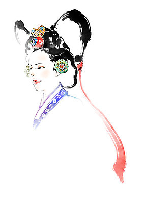 PSD 전통 여자 일러스트 캘리그라피 붓터치 한명 사람 상반신 성인 한국인 한복 올림머리 번짐 인물화 헤어액세사리 국내일러스트 1 한국전통 헤어스타일 장신구 동양인 장식 전통의상 그림 파일형식 효과