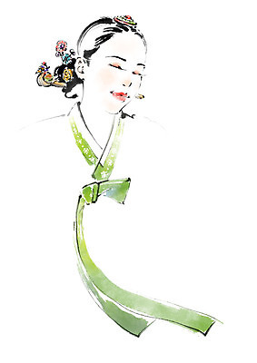 PSD 전통 여자 일러스트 캘리그라피 붓터치 한명 미소 사람 상반신 성인 한국인 머리띠 한복 번짐 비녀 옷고름 인물화 헤어액세사리 국내일러스트 1 한국전통 장신구 전통소품 표정 동양인 장식 전통의상 그림 파일형식 효과