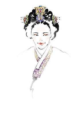 PSD 전통 응시 여자 일러스트 장신구 캘리그라피 붓터치 한명 사람 상반신 성인 한국인 머리핀 한복 번짐 고전의상 인물화 국내일러스트 1 한국전통 시선 옷 동양인 전통의상 그림 파일형식 효과