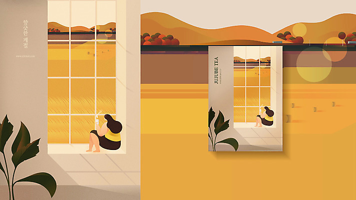 전신 응시 계절 여자 화분 화초 야경 일러스트 자연 산 한명 사람 앉기 초원 성인 상자 가을 시골 차 창가 창틀 패키지 대추차 목업 국내일러스트 AI파일 식물 1 시선 음료 창문 모션 차_음료 야간 생태계 파일형식 벡터 풍경_경치