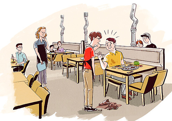 전신 PSD 여자 남자 어린이 음식 일러스트 미소 사람 여러명 상반신 식당 사과 종업원 사회이슈 고객 서빙 격려 실수 환풍기 깨짐 안도 국내일러스트 직업 감정 다수 컨셉 과일 모션 표정 상점 장비 파일형식