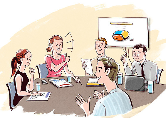 PSD 여자 남자 일러스트 회사 탁자 회의 그래프 미소 사람 여러명 상반신 성인 사무실 비즈니스맨 비즈니스우먼 사회이슈 직원 칭찬 성인만 국내일러스트 가구 다수 컨셉 비즈니스 표정 직장인 파일형식