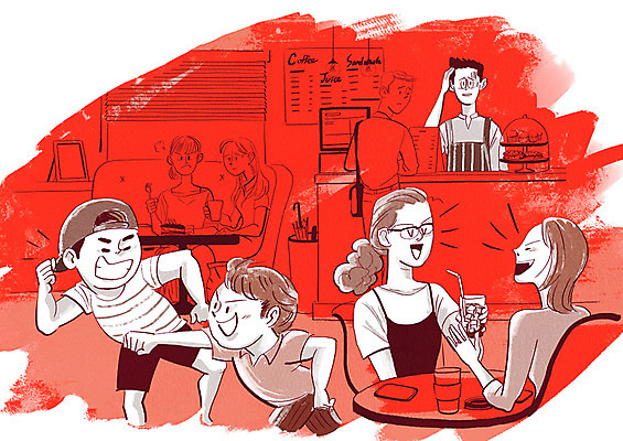 전신 PSD 여자 남자 커피 어린이 일러스트 장난 사람 여러명 상반신 성인 카페 마시기 종업원 사회이슈 무관심 고객 시끄러움 수다 곤란 힘듦 갑질 불편함 국내일러스트 직업 감정 음료 다수 컨셉 모션 대화 상점 감각 파일형식