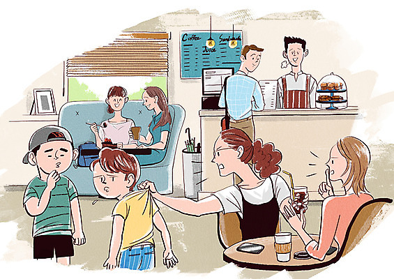 전신 PSD 여자 남자 아들 어린이 일러스트 장난 엄마 사람 여러명 상반신 성인 카페 잡기 꾸지람 종업원 사회이슈 고객 메뉴판 조용 주문 블랙컨슈머 국내일러스트 직업 다수 컨셉 가족 모션 상점 체벌 파일형식