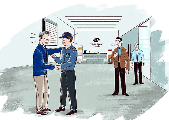 전신 PSD 남자 일러스트 회사 악수 미소 경비 사람 빌딩 여러명 성인 사무실 사회이슈 어깨 격려 경비원 성인만 국내일러스트 직업 감정 다수 컨셉 비즈니스 모션 표정 안전 손짓 건물 신체부위 보호 파일형식