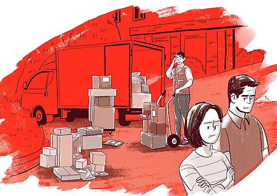 전신 PSD 여자 남자 일러스트 아파트 사람 상반신 성인 세명 쌓기 여러개 운반 택배기사 사회이슈 외면 택배 통화 택배상자 무시 힘듦 성인만 갑질 탑차 국내일러스트 다수 컨셉 모션 주택 상자 트럭 운송업 배달원 파일형식