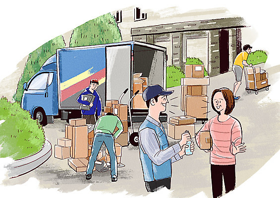 전신 PSD 여자 남자 일러스트 아파트 대화 미소 사람 여러명 상반신 성인 쌓기 여러개 운반 택배기사 사회이슈 물병 택배 주기 택배상자 성인만 갑질 탑차 국내일러스트 다수 컨셉 모션 주택 표정 말하기 상자 트럭 운송업 배달원 물통 파일형식