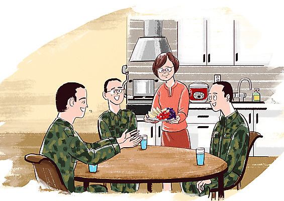 PSD 여자 남자 과일 일러스트 탁자 군대 미소 사람 앉기 여러명 상반신 성인 주방 군인 사회이슈 물컵 감사 배려 성인만 국내일러스트 직업 감정 가구 다수 컨셉 모션 표정 컵 국군 파일형식