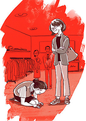 전신 PSD 옷 여자 남자 일러스트 서기 사람 여러명 성인 분노 찡그림 무릎꿇기 꾸지람 종업원 사회이슈 고객 백화점 곤란 성인만 블랙컨슈머 갑질 참기 국내일러스트 직업 감정 다수 컨셉 모션 표정 상점 체벌 파일형식