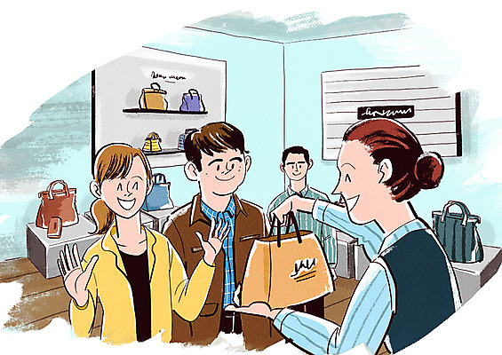 PSD 여자 남자 가방 일러스트 미소 사람 여러명 상반신 성인 쇼핑 쇼핑백 구매 종업원 사회이슈 고객 감사 백화점 성인만 국내일러스트 직업 잡화 감정 다수 컨셉 표정 상점 파일형식