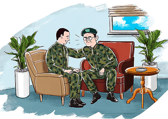 전신 PSD 남자 화분 일러스트 탁자 군대 미소 사람 앉기 성인 두명 소파 군인 사회이슈 창가 격려 위로 성인남자만 국내일러스트 직업 감정 가구 컨셉 의자 창문 모션 표정 국군 남자만 성인만 파일형식