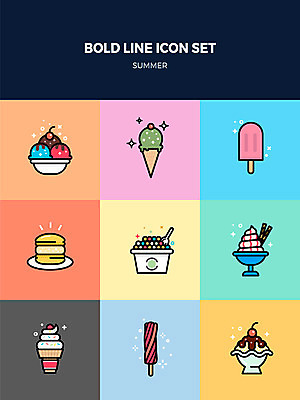 아이콘 디저트 여름음식 사람없음 여름 세트 팥빙수 콘아이스크림 마카롱 구슬아이스크림 막대아이스크림 볼드라인 제철음식 2D아이콘 AI파일 계절 음식 아이스크림 라인아이콘 빙수 제철 파일형식 벡터 여름_계절