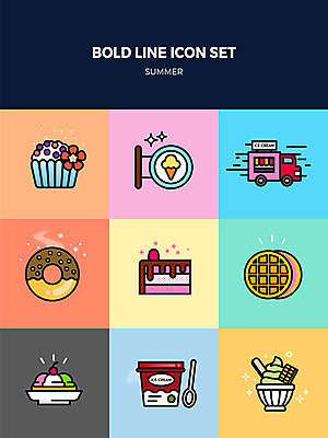 아이콘 디저트 간판 사람없음 여름 세트 도넛 조각케이크 파르페 콘아이스크림 와플 아이스크림차 컵아이스크림 볼드라인 2D아이콘 AI파일 계절 음식 아이스크림 케이크 라인아이콘 특수차량 아이스크림장사 파일형식 벡터