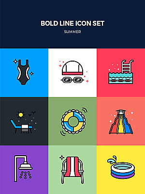 아이콘 수영복 수영장 사람없음 여름 세트 수건 태양 물안경 선베드 샤워기 수영모 튜브 유아용 워터슬라이드 볼드라인 2D아이콘 AI파일 자연요소 옷 계절 의자 위생용품 라인아이콘 수영용품 파일형식 벡터
