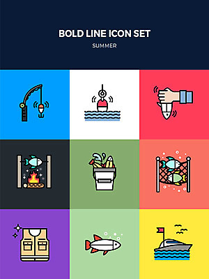 아이콘 바다 여러마리 어류 사람없음 여름 세트 깃발 조끼 그물 보트 낚싯대 모닥불 구이 양동이 손모양 꼬치구이 낚시찌 볼드라인 2D아이콘 AI파일 모양 계절 음식 다수 배_교통 불 수중동물 외투 낚시용품 꼬치 라인아이콘 파일형식 벡터 손_신체부위