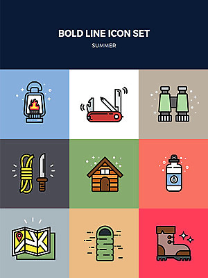 아이콘 지도 사람없음 여름 세트 망원경 랜턴 칼 통나무집 물병 매듭 위치 등산화 맥가이버칼 침낭 볼드라인 2D아이콘 AI파일 계절 신발 조명 주택 물통 라인아이콘 등산용품 파일형식 벡터