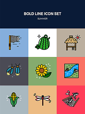 아이콘 해바라기 여름음식 수박 어류 옥수수 사람없음 여름 세트 그물 개울 잠자리 원두막 채집망 반딧불이 볼드라인 제철과일 2D아이콘 AI파일 계절 꽃 음식 곤충 과일 곡류 강 수중동물 라인아이콘 제철 파일형식 벡터 여름_계절