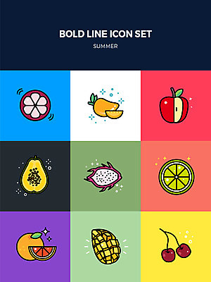 아이콘 사람없음 여름 세트 체리 사과 자몽 열대과일 라임 망고 용과 망고스틴 볼드라인 2D아이콘 AI파일 계절 과일 라인아이콘 파일형식 벡터