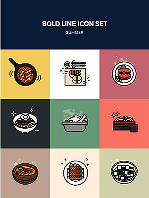 아이콘 여름음식 스테이크 사람없음 여름 세트 초밥 냉모밀 떡볶이 냉면 삼계탕 육개장 국밥 소고기말이튀김 볼드라인 제철음식 2D아이콘 AI파일 계절 한식 음식 서양음식 튀김 메밀국수 분식 라인아이콘 국 보양식 제철 일본음식 파일형식 벡터 여름_계절