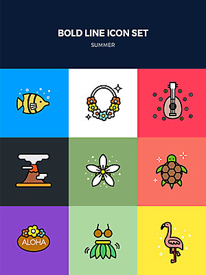 아이콘 어류 사람없음 여름 세트 우쿨렐레 플라밍고 화산 하와이 플루메리아 꽃목걸이 하와이춤 알로하 볼드라인 2D아이콘 AI파일 계절 꽃 목걸이 조류 현악기 산 미국 수중동물 춤 인사 라인아이콘 파일형식 벡터