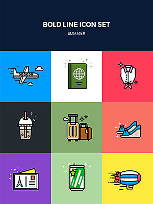 아이콘 비행기 사람없음 여름 세트 민소매 캐리어 열기구 샌들 여권 엽서 캔음료 테이크아웃컵 볼드라인 2D아이콘 AI파일 계절 음료 신발 상의 항공교통 대중교통 컵 여행가방 편지 라인아이콘 파일형식 벡터