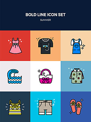 아이콘 원피스 파도 반바지 슬리퍼 사람없음 여름 세트 민소매 핸드백 반팔티셔츠 시원함 잠수복 청치마 볼드라인 2D아이콘 AI파일 옷 계절 바다 신발 상의 티셔츠 가방 바지 치마 라인아이콘 파일형식 벡터