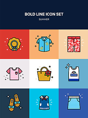 아이콘 원피스 반바지 슬리퍼 사람없음 여름 세트 치마 민소매 반팔티셔츠 샌들 비치백 챙모자 볼드라인 2D아이콘 AI파일 모자_잡화 옷 계절 신발 상의 티셔츠 바지 하의 라인아이콘 파일형식 벡터 가방_잡화