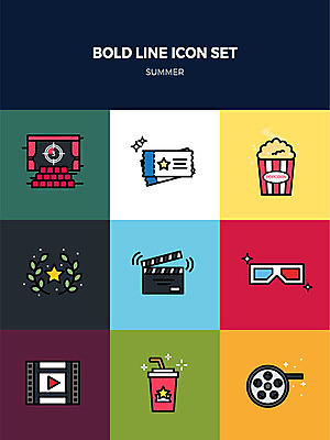 아이콘 별 사람없음 여름 세트 티켓 과녁판 클래퍼보드 영화관 필름 콜라 팝콘 조준 영사기 3D안경 월계수 볼드라인 2D아이콘 AI파일 자연요소 계절 안경 극장 라인아이콘 탄산음료 파일형식 벡터