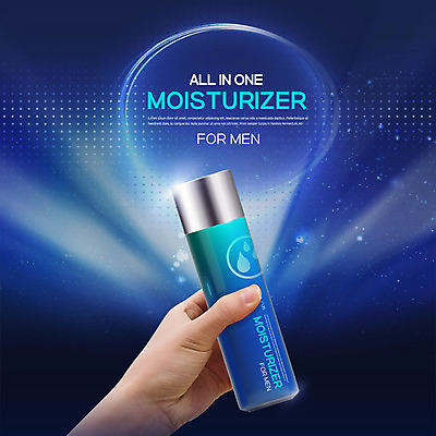 PSD 편집이미지 손 한손 한명 사람 성인 신체부위 파란색 빛 뷰티 물방울무늬 화장품 잡기 남성용 수분크림 한가지 이미지편집 1 컬러 무늬 모션 파일형식