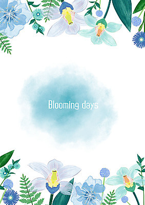 PSD 꽃 백그라운드 꽃백그라운드 일러스트 수채화 사각프레임 사람없음 파란색 다양 풀잎 번짐 꽃프레임 국내일러스트 식물 컬러 다수 잎 프레임 사각형 풀_식물 파일형식 효과