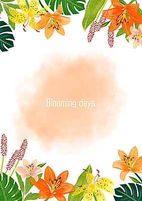 PSD 꽃 백그라운드 꽃백그라운드 일러스트 수채화 사각프레임 사람없음 다양 풀잎 번짐 꽃프레임 열대잎 국내일러스트 식물 다수 잎 프레임 사각형 풀_식물 파일형식 효과